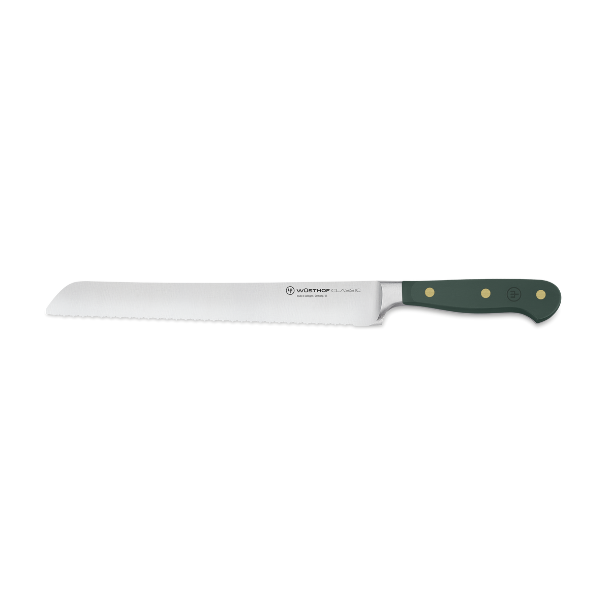 Bread knife with a green handle on a white background