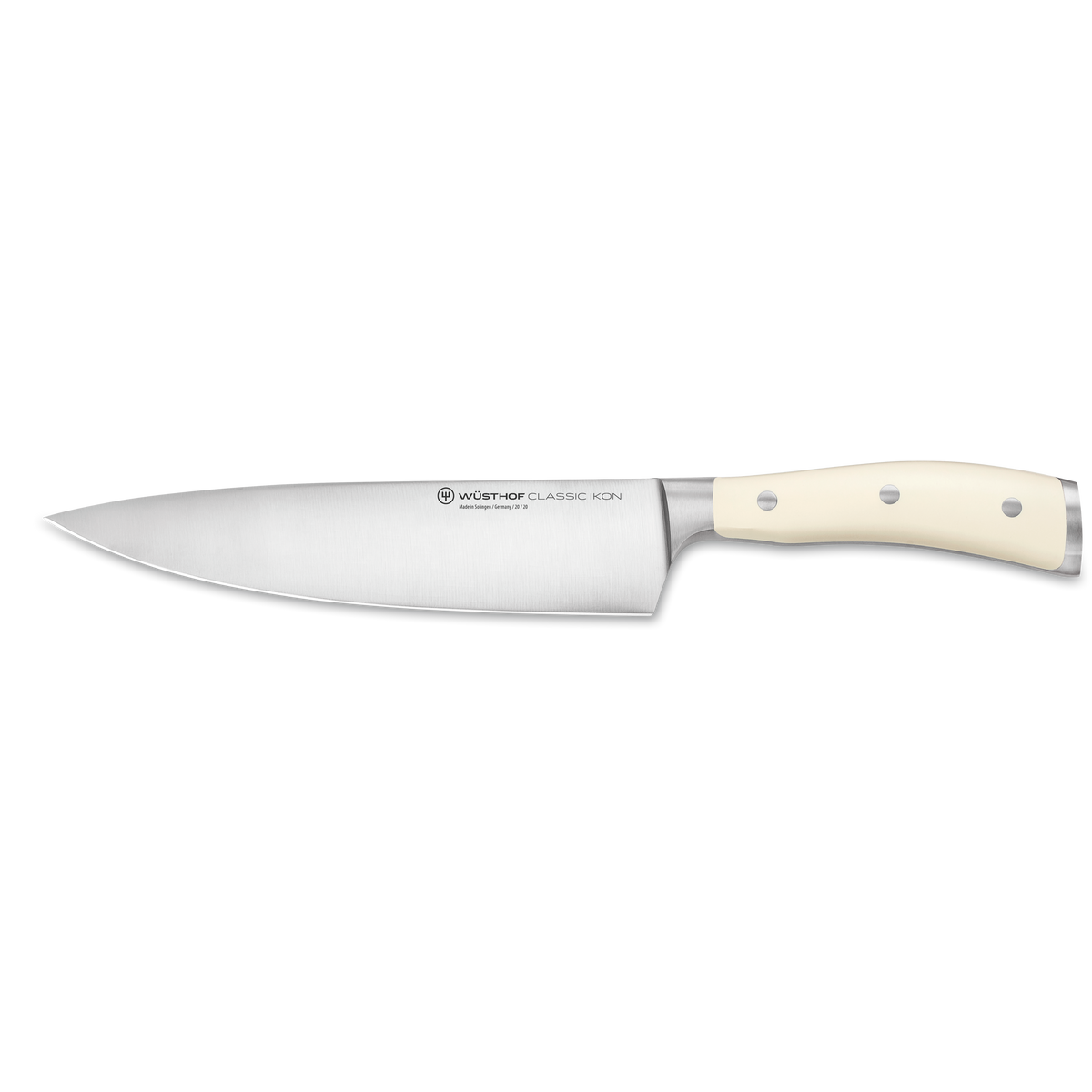 Wüsthof Classic Ikon chef knife with a satin-finished blade and smooth ivory handle featuring three rivets for precise cutting and balanced control