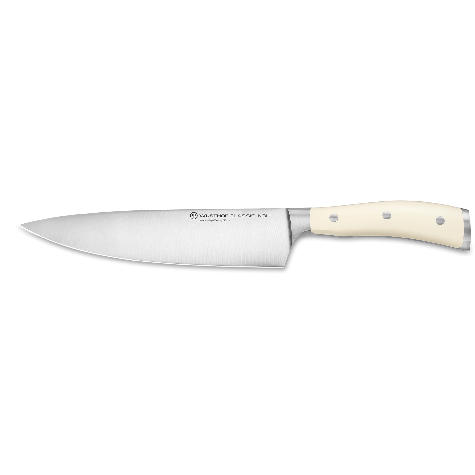 Wüsthof Classic Ikon chef knife with a satin-finished blade and smooth ivory handle featuring three rivets for precise cutting and balanced control