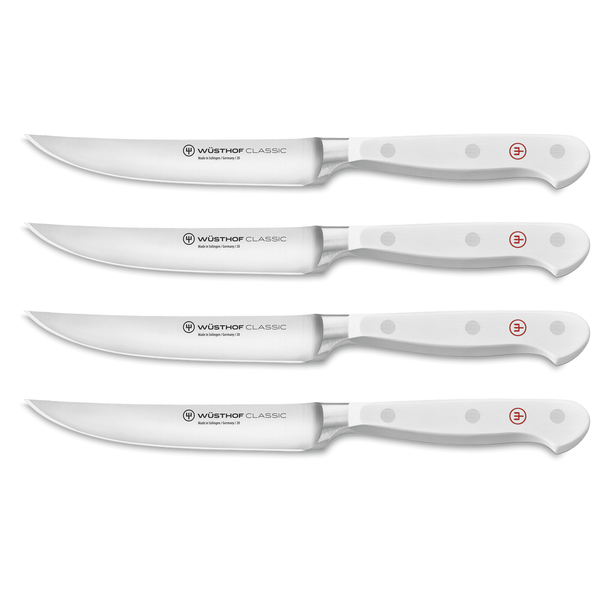 Four classic steak knives with sleek white handles featuring triple rivets and polished stainless steel blades etched with branding details.