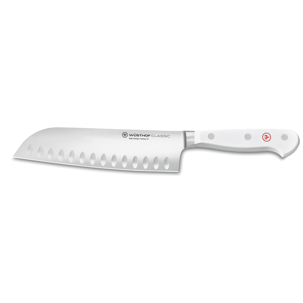 Santoku knife with a 17 cm hollow-edged stainless steel blade and a smooth white handle featuring three rivets and a subtle red logo detail.