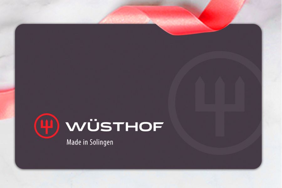 Wüsthof gift card with a red ribbon on a light gray background