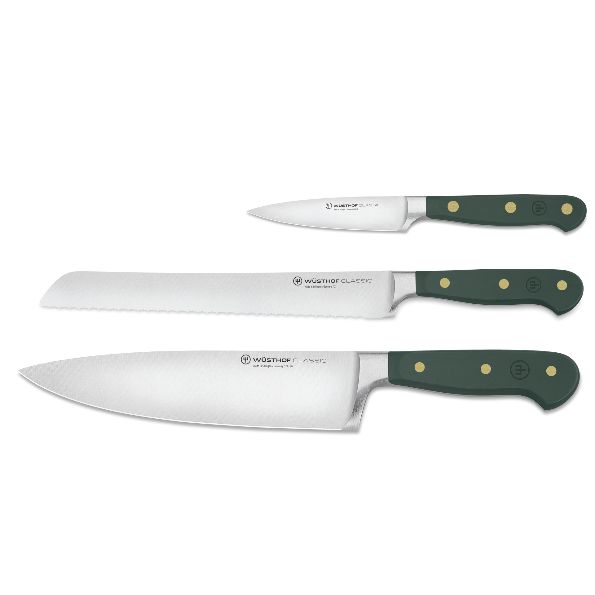 Set of knives with green handles on a white background