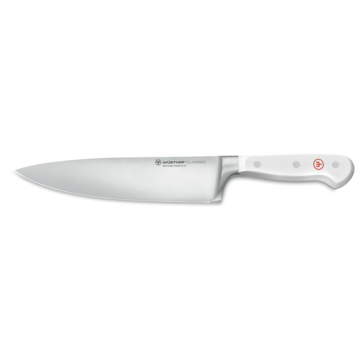 German chef knife with a polished stainless steel blade and a sleek white handle featuring three rivets and a subtle red logo for precision cutting